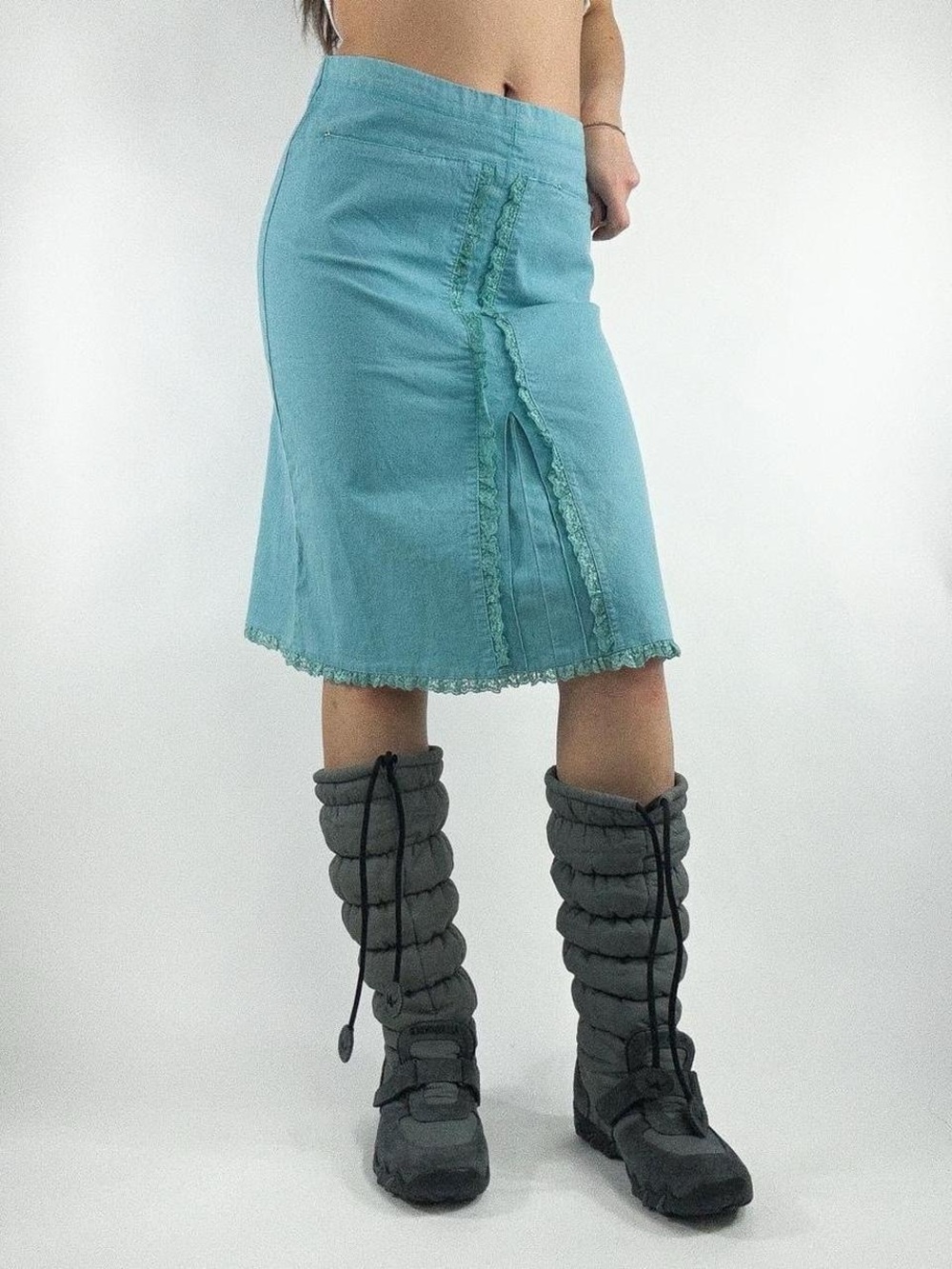 Women’s Teal Lace-Trim A-Line Skirt with Front Slit